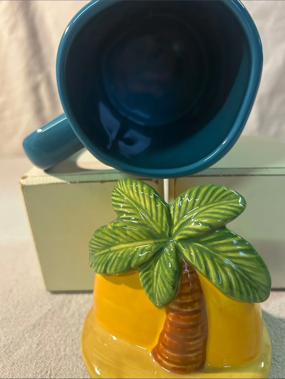 Rae Dunn Blue Ceramic Mug with Yellow Palm-Top Lid
